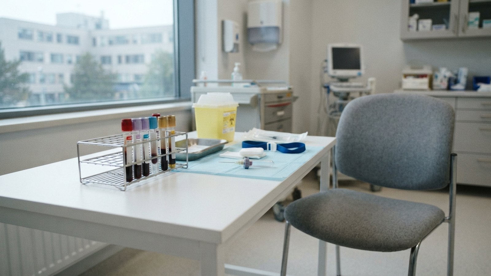 Zkumavky na odběr krve v držáku na stolku odběrové místnosti