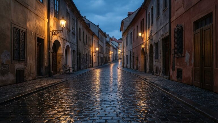 Deštivá dlážděná ulice starého středoevropského města za soumraku