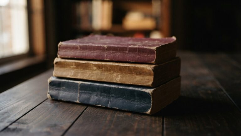 Tři ohmatané paperbacky naskládané na tmavém dřevěném stole