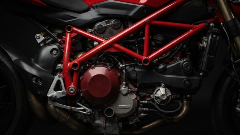 Detail motoru a trubkového rámu sportovního motocyklu