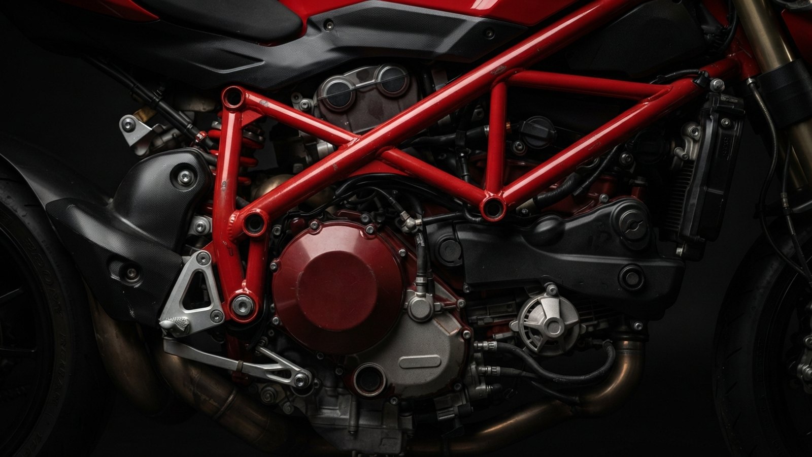 Detail motoru a trubkového rámu sportovního motocyklu