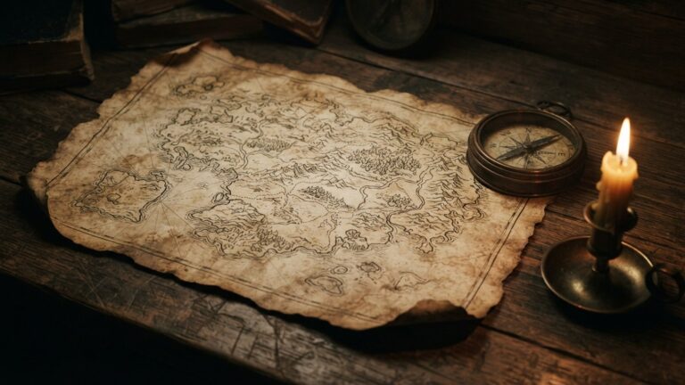Stará ručně kreslená mapa na pergamenu vedle kompasu a svíčky