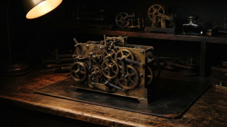 Starý mosazný mechanický přístroj s viditelnými ozubenými koly