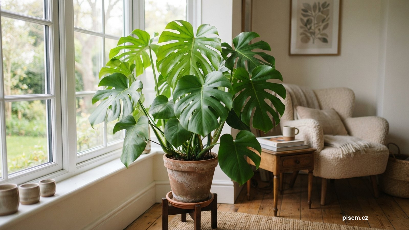 Monstera s prořezávanými listy v obývacím pokoji