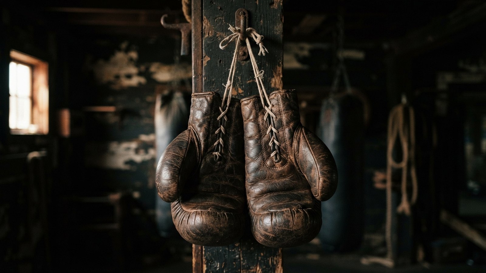 Staré kožené boxerské rukavice v tělocvičně