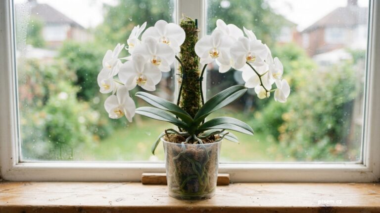 Bílá orchidej v průhledném květináči na parapetu