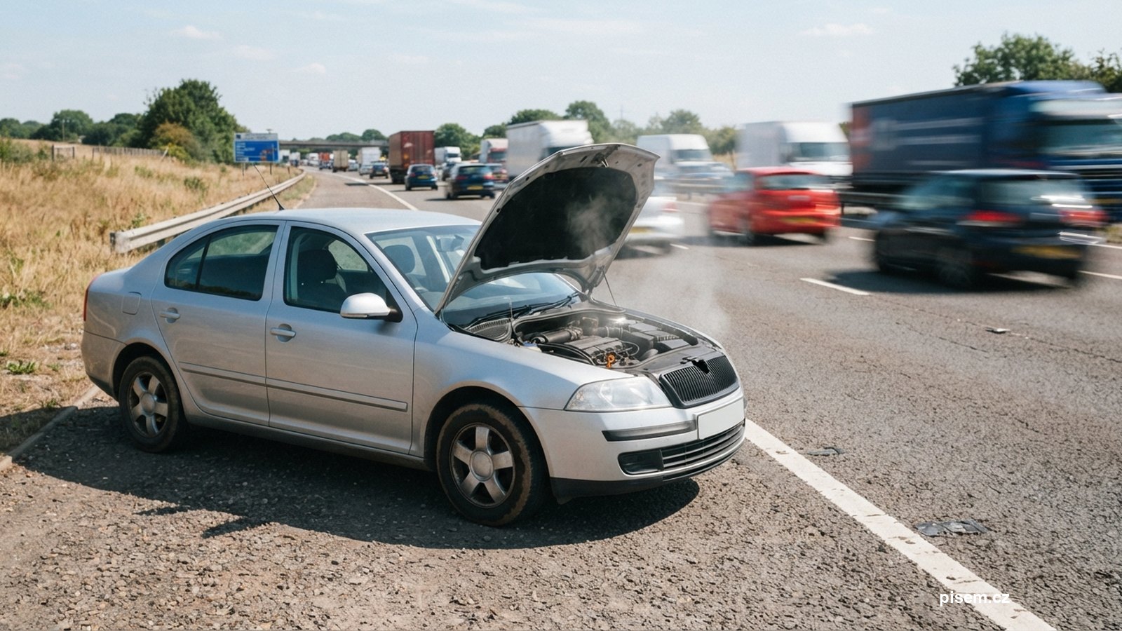 Auto s otevřenou kapotou odstavené u dálnice