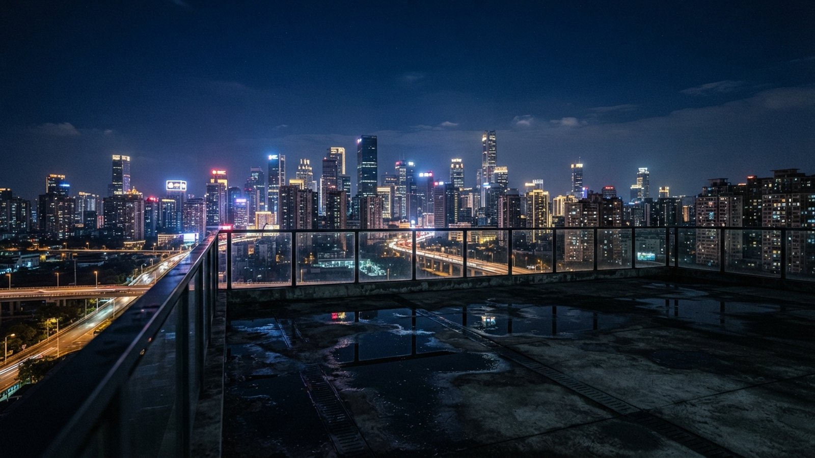 Noční panorama města s odrazem světel na mokrém betonu