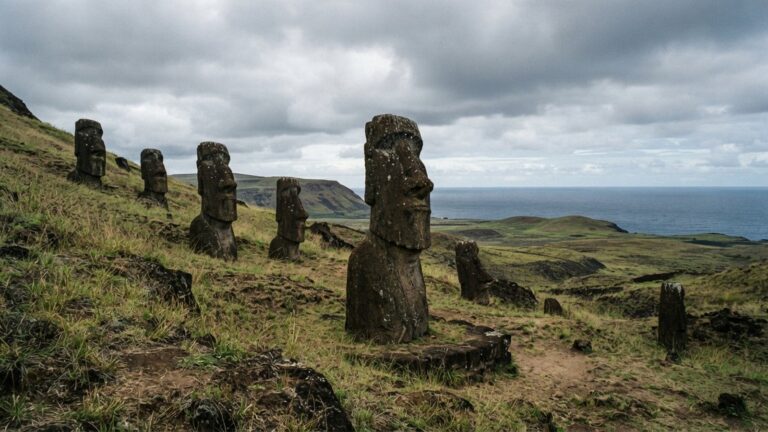 Kamenné sochy moai na travnatém svahu nad oceánem
