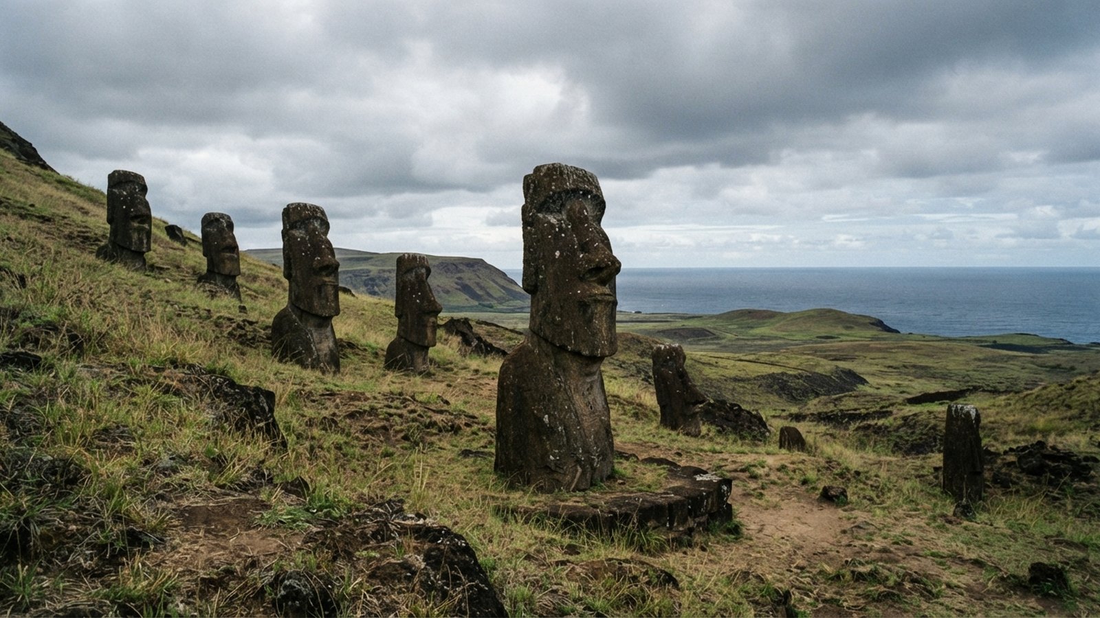 Kamenné sochy moai na travnatém svahu nad oceánem
