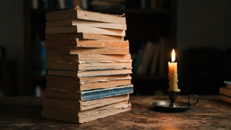 Vysoká hromada přečtených paperbacků na stole vedle hořící svíčky