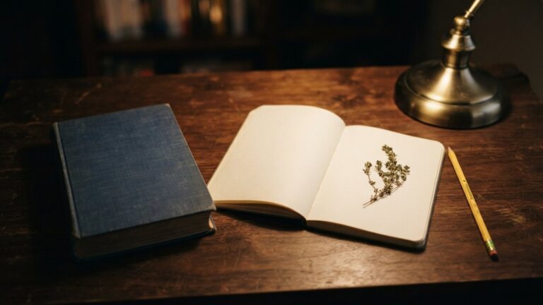 Zavřená kniha poezie s prázdnou plátěnou obálkou, otevřený sešit, tužka a snítka mateřídoušky pod světlem stolní lampy.