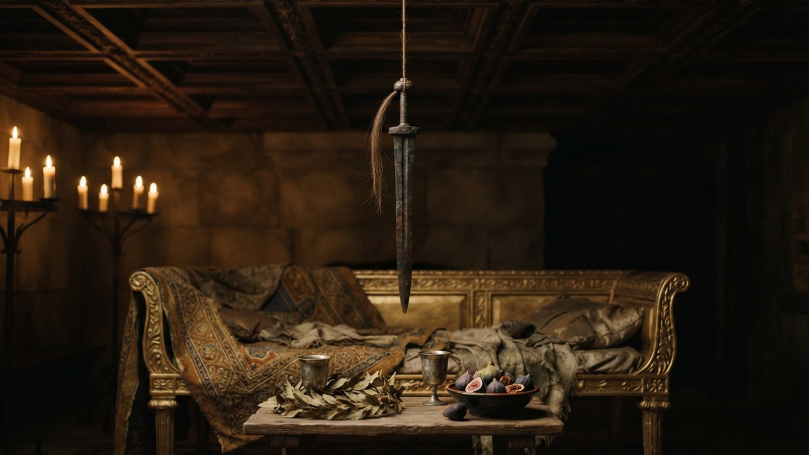 Starý bronzový meč visí hrotem dolů na tenké žíni nad prázdným zlaceným lehátkem a stolkem se stříbrnými poháry a vavřínovým věncem.