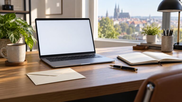 Pracovní stůl s notebookem, prázdným sešitem a obálkou
