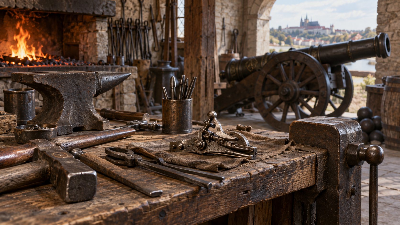 Historické dílenské nástroje a kovový výrobek na stole