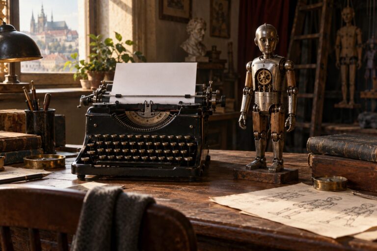 Historický psací stroj s prázdným papírem a malým mechanickým robotem