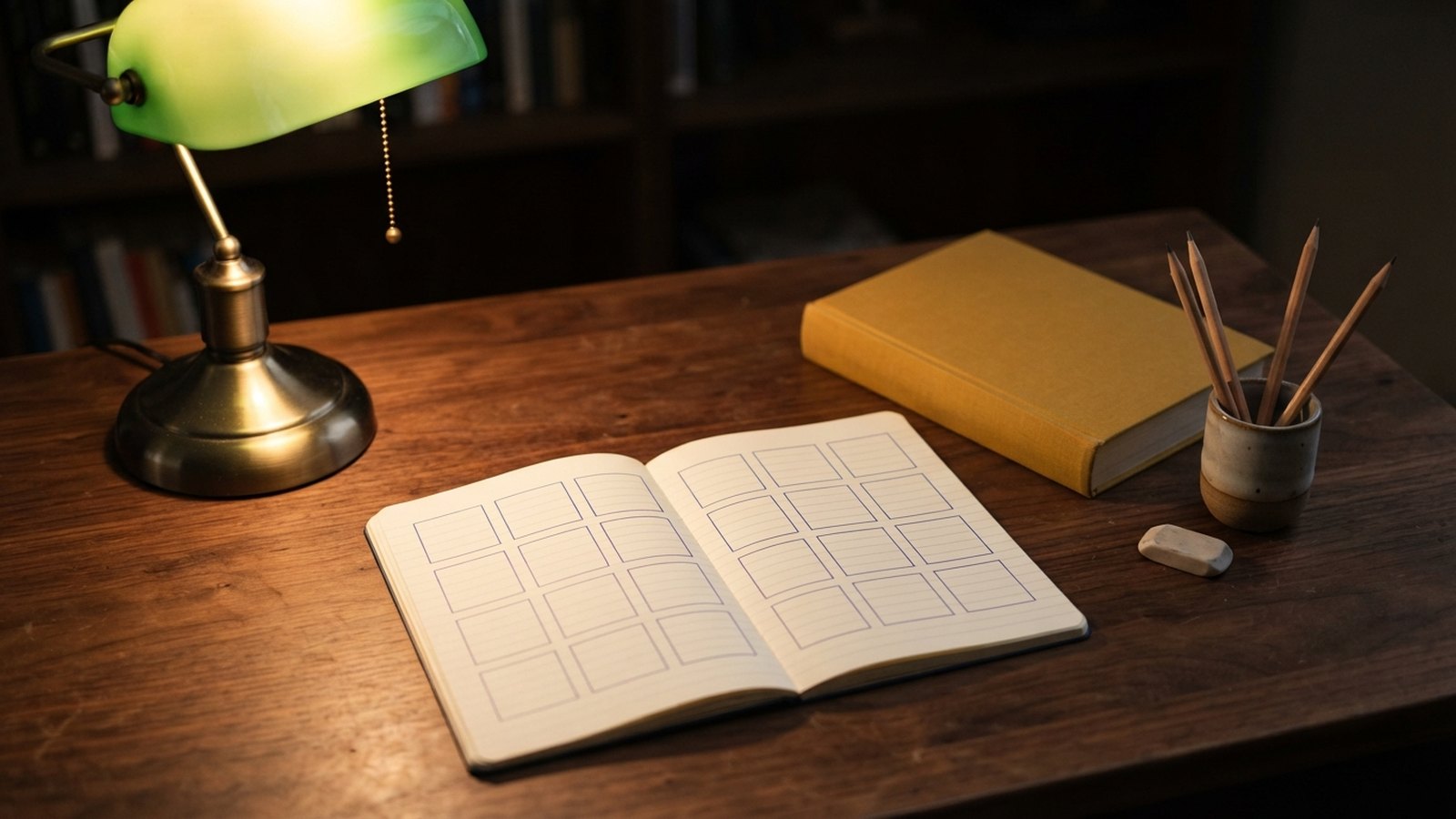 Otevřený sešit s prázdnou mřížkou tabulky, učebnice se žlutou obálkou, tužky v hrnku a zelená stolní lampa.